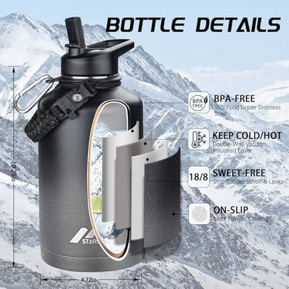 StarSpeed 64oz Insulated Water Bottle with Straws & 2 Lids,Dark Gray - color: Dark Gray, size: 64 Ounces
