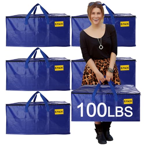 10 Pack Waterproof Moving Storage Bags, 100 lbs Extra Large Heavy Duty Totes with Reinforced Handles & Strong Zippers, Reusable Moving Box Alternative for Packing Moving Household Storage, 95L, Blue - color: Blue, size: 6 Pack