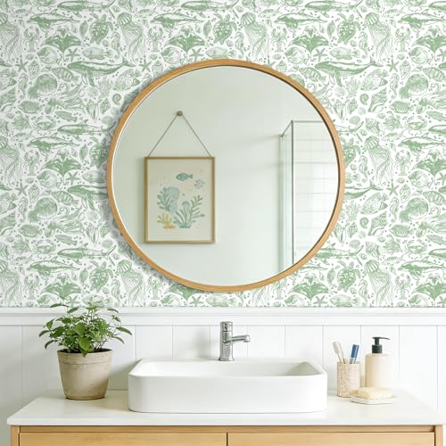 Livelynine Green Coastal Wallpaper Peel and Stick Removable Sage Green Tropical Fish Wallpaper Self Adhesive Ocean Beachy Coastal Contact Paper for Drawers Nautical Octopus Jellyfish Crab 17.5x78.8