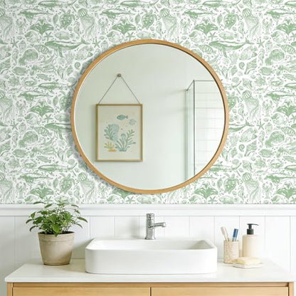 Livelynine Green Coastal Wallpaper Peel and Stick Removable Sage Green Tropical Fish Wallpaper Self Adhesive Ocean Beachy Coastal Contact Paper for Drawers Nautical Octopus Jellyfish Crab 17.5x78.8