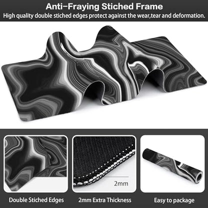 Black and White Marble Desk Mat,Large Marble Ink Texture Gaming Keyboard Mouse Pad,Non-Slip Rubber Base Desk Pad Thick Stitched Edges Waterproof Mousepad Mouse Mat 31.5"x11.8" - color: Black and White Marble