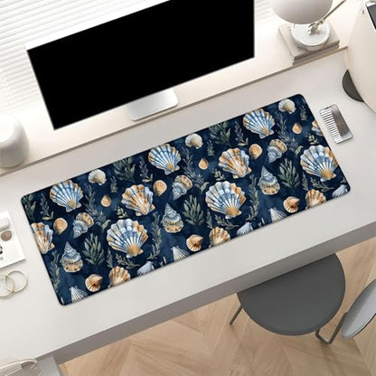 Seashell Print Gaming Mouse Pad, Blue and Gold Seashells Large Desk Mat for Computer, Extended Keyboard Laptop Mouse Pads 31.5×11.8in, Non Slip Rubber Mousepad for Office Decor Gifts