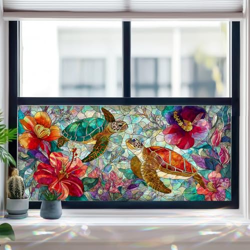 Window Film Sea Turtle Tropical Flower Design PVC Privacy Window Film for Glass Panels 39.3x17.7 Inches Bathroom Living Room Stained Glass Windows Film Static Cling Decorative Home Decor