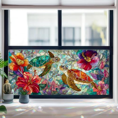 Window Film Sea Turtle Tropical Flower Design PVC Privacy Window Film for Glass Panels 39.3x17.7 Inches Bathroom Living Room Stained Glass Windows Film Static Cling Decorative Home Decor