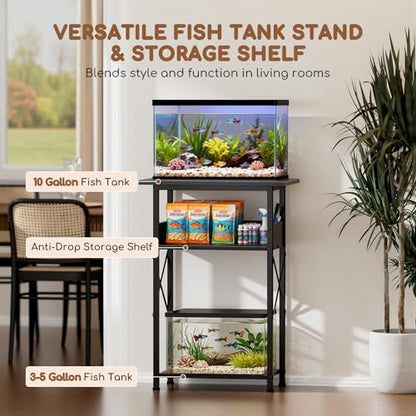 10 Gallon Fish Tank Stand with Storage Shelves, 3-Tier Aquarium Stand with Rust-Proof Metal Frame, Heavy Duty Waterproof Reptile Turtle Tank Stand for Home Office Up to 150LBS, 21.5" L x 11.5" W x 30" H, Black