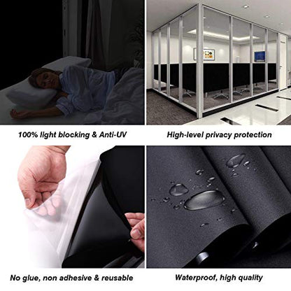 Total Blackout Window Film 100% Light Blocking Non Adhesive No Residue Removable Opaque Static Cling Privacy Glass Tint for Home Bedroom Darkening Heat Control (17.5 in x 6.56 Ft) - color: Black, size: 17.5 Inch x 6.56 Feet