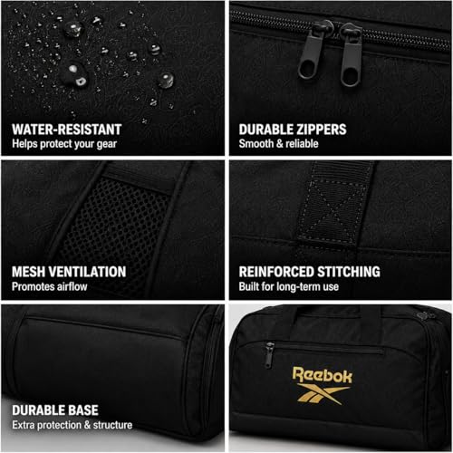 Reebok Lightweight Unisex Carry On Gym Duffle Bag for Men & Women, Sports - color: Hamilton Black With Gold Logo