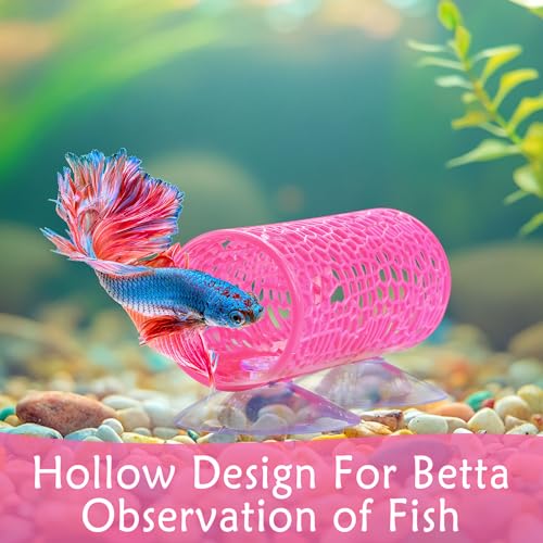 Betta Fish Tunnel Tank Accessories Safe Hollow Hammock Cave Aquarium Fish Toy Decor Hideout Tube Shelter with Suction Cups for Small Fish Shrimp Reptile Guppies Habitat (Hot Pink)