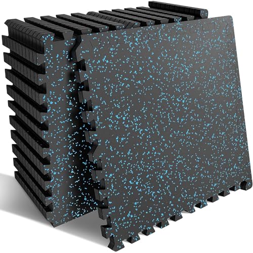 0.56" Thick 48 Sq ft Exercise Equipment Mats,12 Tiles Rubber Interlocking Puzzle Gym Flooring with High Density EVA Foam for Home Gym, Heavy Weight Workout, 24 x 24in Black/Blue