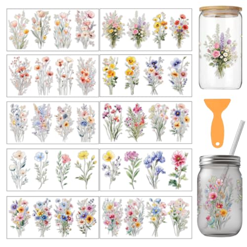 arricraft 10 Pcs Flower Theme Cup Printing UV Transfer Papers, 10 Styles Watercolor Wildflower PVC DIY Heat Transfer Stickers for 16 OZ Glass Cups Crafts 9.5x4.3inch - style: Flower Theme