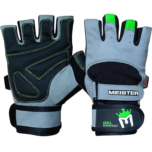 Meister Wrist Wrap Weight Lifting Gloves w/Gel Padding - color: Gray / Neon Green, size: Medium