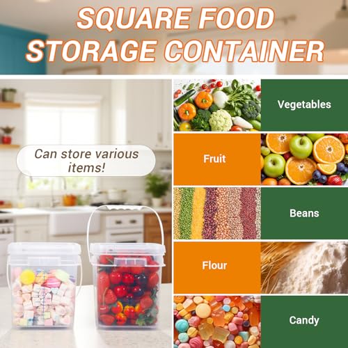 1Gal Clear Square Bucket with Airtight Lids, BPA-Free Food Storage Container for Kitchen Pantry, Meal Prep, Snack, Rice, Flour, Pet Food - Transparent Bucket with Scale Marks (2x4 Qt, 2x1 Qt)