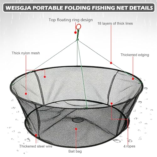 Portable Folded Fishing Net, Crab Net Fish Net with Fishing Rope, Hand Casting Cage Crab Net, Foldable Fishing Mesh Trap for,Minnows,Lobster,Crawfish, Shrimp etc. - size: 31.5 inches (80 cm)