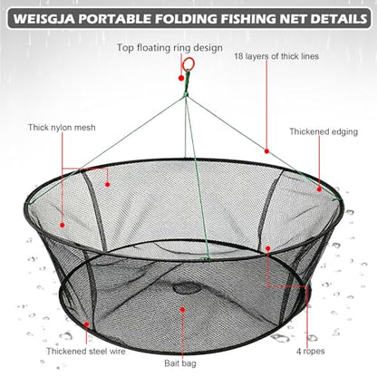 Portable Folded Fishing Net, Crab Net Fish Net with Fishing Rope, Hand Casting Cage Crab Net, Foldable Fishing Mesh Trap for,Minnows,Lobster,Crawfish, Shrimp etc. - size: 31.5 inches (80 cm)