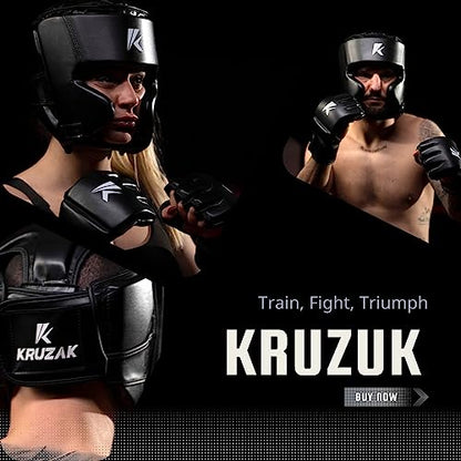 Kruzak Unisex Boxing Headgears - MMA Training, Adjustable Padded, Kara,Muay Thai Headgear, Kickboxing, Sparring, Martial Arts, Karate, Taekwondo MMA Body Equipment - color: Black, size: Large-X-Large