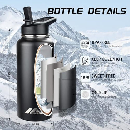 StarSpeed 32oz Insulated Water Bottle with Straw Lid,Black - color: Black, size: 32 Ounces