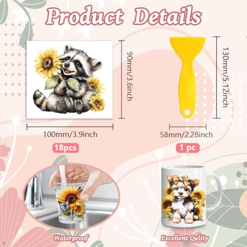 Peacoblue 18 Sheets Rub on Transfers for Crafts, Sunflowers and Animals 3.6"x3.9" UV DTF Cup Wraps Waterproof Rub on Cold Transfers Stickers for Wood Glass Metal Cup Tumblers Mirrors Mugs Home Decor - style: Sunflowers and Animals