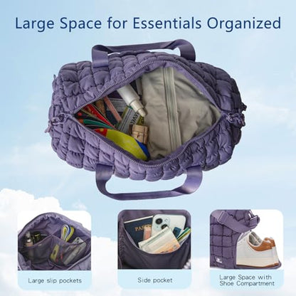 Quilted Gym Bag for Women,Duffle Bag for Travel with Wet Pocket,Carry on Weekender Bags for Women,Travel Bag with Shoe Compartment(Purple) - color: Purple