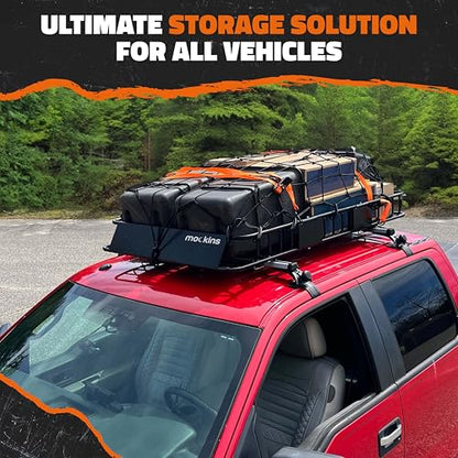Mockins 64"x39"x6" Extendable Heavy Duty Roof Rack Basket & 16 Cu Ft Waterproof Cargo Bag for Top of Car | 250 Lbs Capacity Steel Rooftop Cargo Carrier for Top of Vehicle with Roof Basket Accessories - size: Basket+Bag: 64"x39"x6"