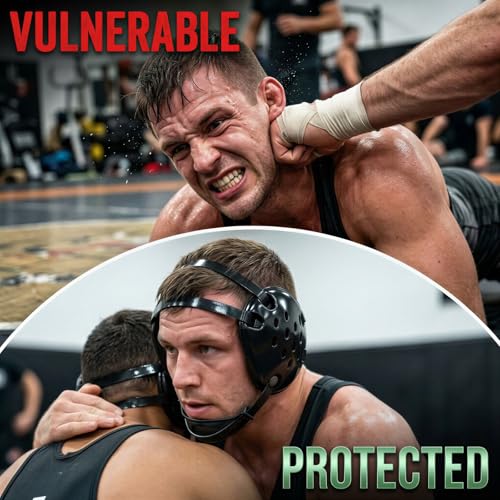 Combat Sports Headgear, NBR Sponge with Plastic Outer Shell, Shock-Absorbing Ear Guard for Grappling, Adjustable Strap for Secure Fit, Black
