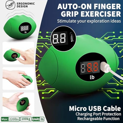 Hand Grip Strengthener, Rechargeable Digital Grip Strength Trainer up 220.4 Lbs(100kg) Hand Grip Exerciser Equipment for Strength Training-Forearm-Gripper-Finger, Stress Balls for Adults/Kids (Green)