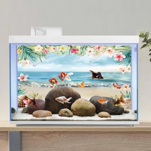 AWERT 36x18 inches Sea Beach Aquarium Background Blue Sky Seaside Beach Tropical Plants Flowers Shells Starfish Fish Tank Background Polyester Terrarium Background