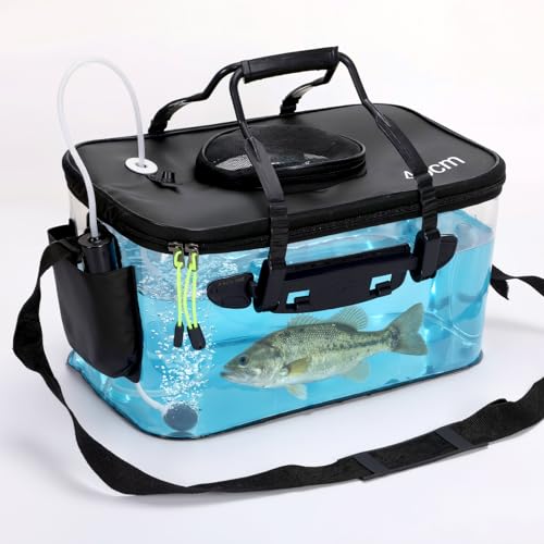 Foldable Transparent Fishing Bucket with Aerator Live Bait Bucket and Dual Outlet Air Pump, Heavy Duty EVA Collapsible Fish Basket for Kayak, Ice Fishing, Camping & Travel - size: 10 Gallon