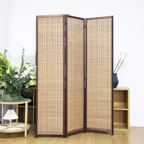 3 Panel Bamboo Room Divider Screen,5.6 FT Tall Bamboo Divider Folding Panel Screen,Freestanding Panel Divider for Room Seperation,Brown
