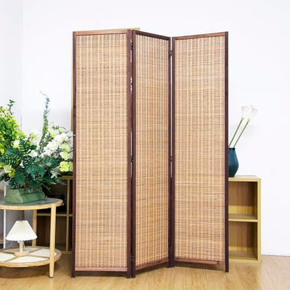 3 Panel Bamboo Room Divider Screen,5.6 FT Tall Bamboo Divider Folding Panel Screen,Freestanding Panel Divider for Room Seperation,Brown