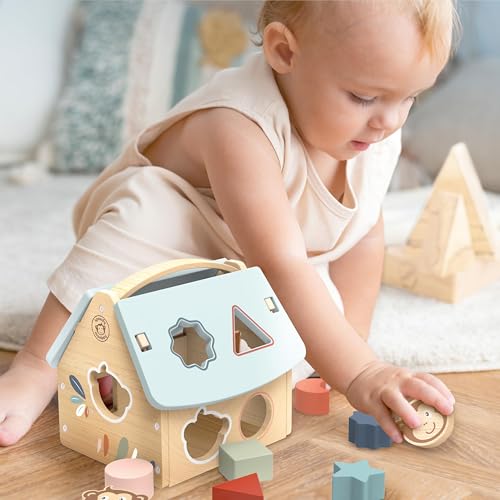 SPEEDY MONKEY Wooden House Shape Sorter | 8 Blocks & Monkey Character - color: Monkey House