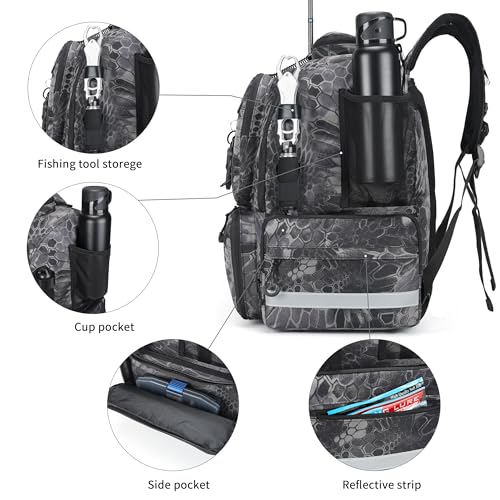 Fishing Tackle Backpack, 45L Storage Waterproof Travel Bag Store Fishing Gear with Insulated Top Pocket