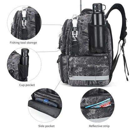 Fishing Tackle Backpack, 45L Storage Waterproof Travel Bag Store Fishing Gear with Insulated Top Pocket