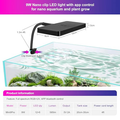 Smart 9W Aquarium LED Light, Nano Clip lamp for Aquarium Plant Growth,RGB Full Spectrum Aquarium Light,APP Control Adjustable Terrarium Light,