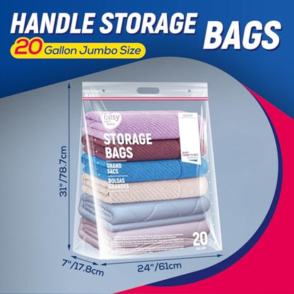 20 Gallon Jumbo Zipper Lock Plastic Bags with Handle and bottom,24" x 31"+7",Jumbo Size Reusable Storage Bag with Double Zip for Clothing,Travel,Moving,Beach,BPA-Free,3.15-Mil Thick
