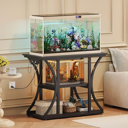 50 Gallon Aquarium Stand with Power Outlets Fish Tank Stand with 3-Tier Storage Shelves Display Stand for Turtle Tank Shelves Metal Frame Stand for Living Room Office Entryway(Black)