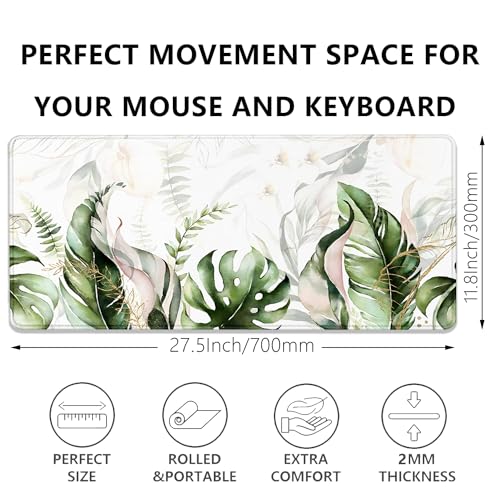 Green Tropical Leaves Mouse Pad Desk Pad,Green Sage Plant Extended Gaming Mouse Mat with Stitched Edges Non-Slip Waterproof Rubber Base Mous Mat for Office Home Game Desk Pad(27.5X11.8 in)