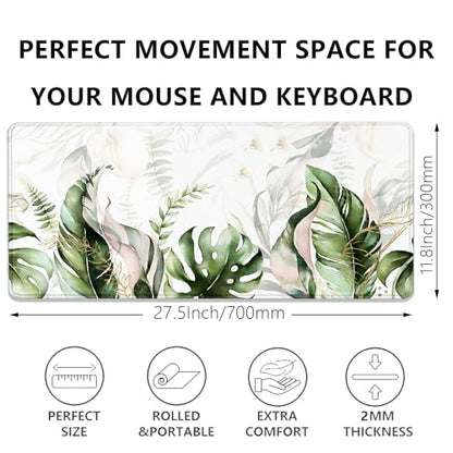Green Tropical Leaves Mouse Pad Desk Pad,Green Sage Plant Extended Gaming Mouse Mat with Stitched Edges Non-Slip Waterproof Rubber Base Mous Mat for Office Home Game Desk Pad(27.5X11.8 in)