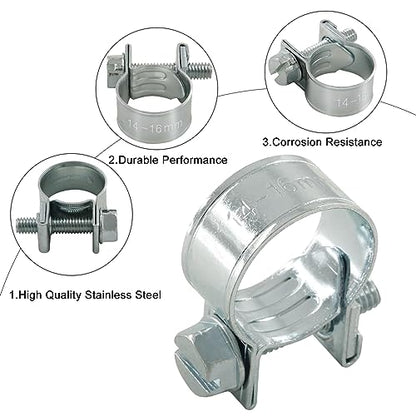 12pcs Stainless Steel Gas Line Clamp, 14-16mm, Silver, Industrial Hose Clamp