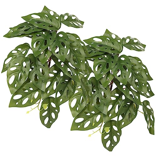 2Pack Reptile Fake Plants for Terrarium, Snake Tank Accessories, Habitat Decor Artificial Hanging Plants with Suction Cup - Fake Swiss Cheese Plants Monstera Adansonii