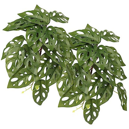 2Pack Reptile Fake Plants for Terrarium, Snake Tank Accessories, Habitat Decor Artificial Hanging Plants with Suction Cup - Fake Swiss Cheese Plants Monstera Adansonii