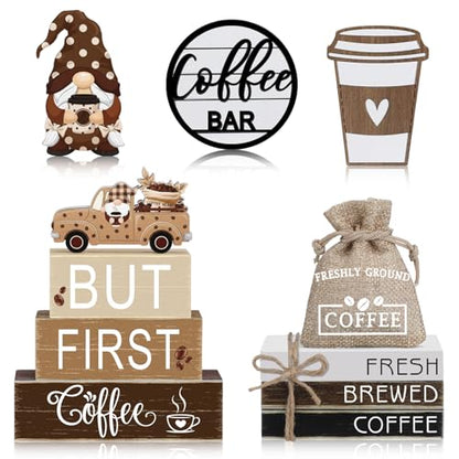 11 Pcs Coffee Bars Table Decorations Coffee Tiered Tray Decor Farmhouse Table Centerpiece Wooden Books Home Tabletop Decor for Home Kitchen - style: Coffee