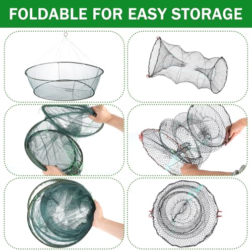 2PCS Fishing Bait Trap and 2 PCS Foldable Fishing Net Lobster Shrimp Collapsible Cast Net Nylon Minnow Trap with Rope Drop Net for Pier Fishing Portable Folded Fishing Accessories