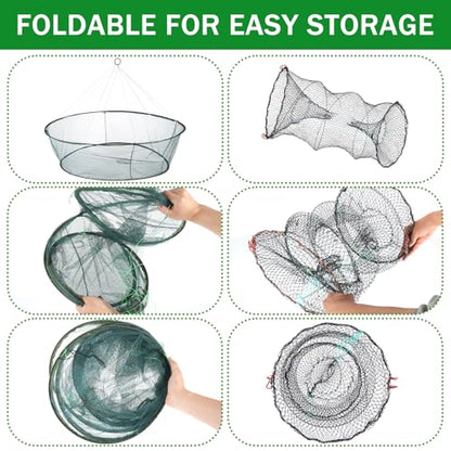 2PCS Fishing Bait Trap and 2 PCS Foldable Fishing Net Lobster Shrimp Collapsible Cast Net Nylon Minnow Trap with Rope Drop Net for Pier Fishing Portable Folded Fishing Accessories