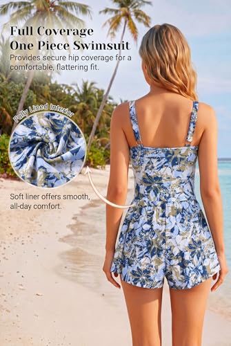 Smismivo Women's Tummy Control One Piece Swim Romper V Neck Swimsuit - color: Blue Yellow Floral, size: X-Large