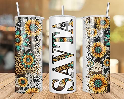Savta Sunflower Turquoise Gemstone And Leopard - Savta Skinny Tumbler Cowhide Distressed Tumbler - Western Tumbler 20Oz Skinny Tumbler - Savta Gift