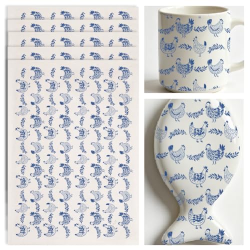 SUPERDANT 5PCS Hen Leaves Underglaze Paper Transfer Animals Transfer Papers for Clay Ceramic Porcelain Under Glaze Transfers for Pottery Enamel Decals Blue Underglaze Decal Handcrafted Gifts - style: Hen