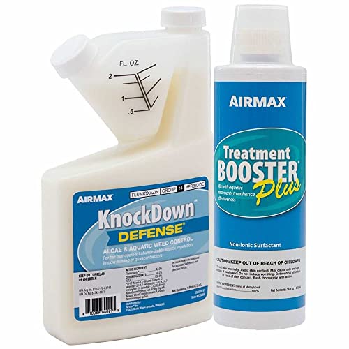 Airmax Knockdown Defense 2-in-1 Liquid Pond Algae Control, Effective & Fast Acting Algaecide, Aquatic Weed Treatment for Clear Water in Ponds & Lakes, Liquid Formulation, 16 oz with Treatment Booster - color: KnockDown Defense, size: 16 oz & Treatment Boo