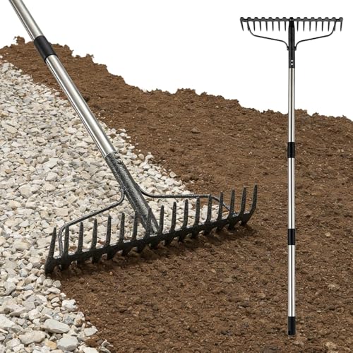 77-Inch Bow Rake, Heavy Duty Metal Garden Rake with 17 Tines & Adjustable Handle – Landscape Rake for Moving Gravel,Loosening Soil,Leveling Ground,Gathering Leaves,Spreading Mulch–Lawn Yard Farm Tool