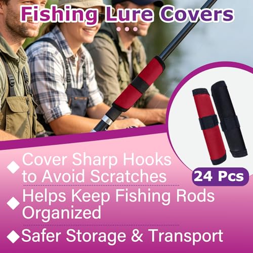24 Pcs Fishing Lure Covers, Include 12 Red & 12 Black Fish Hook Storage Protectors, 6 Inch Lure Wraps with Hook & Loop Strap for Preventing Hook Tangles and Protecting Fishing Rods