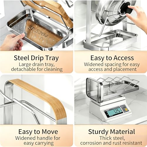 Pot Lid Holder & Spoon Rest – Countertop Organizer for Lids, Spoon, Spatulas, Cutting Board – Stove Top Stand with Removable Drip Tray, 304 Stainless Steel, 2-Tier